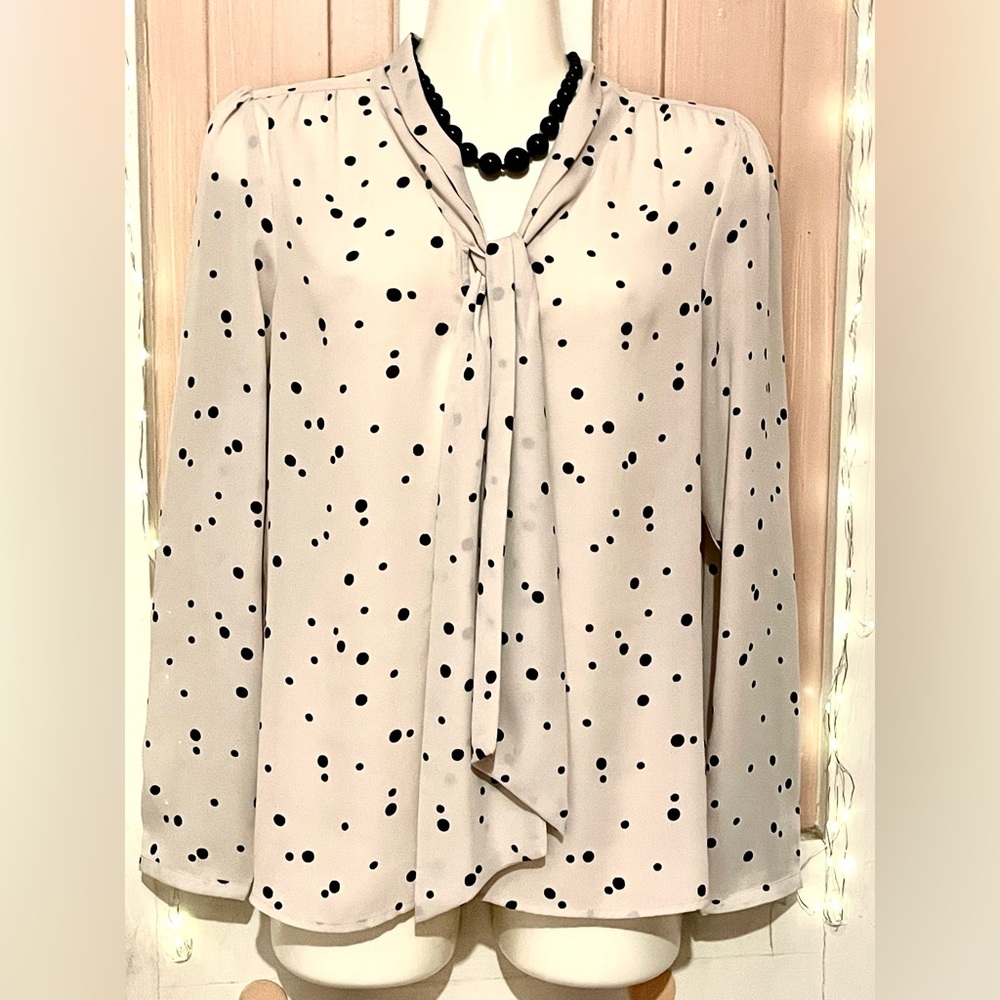 Loft petites Tie-Neck Long-Sleeve Polka Dot Blouse - White with Black Dots